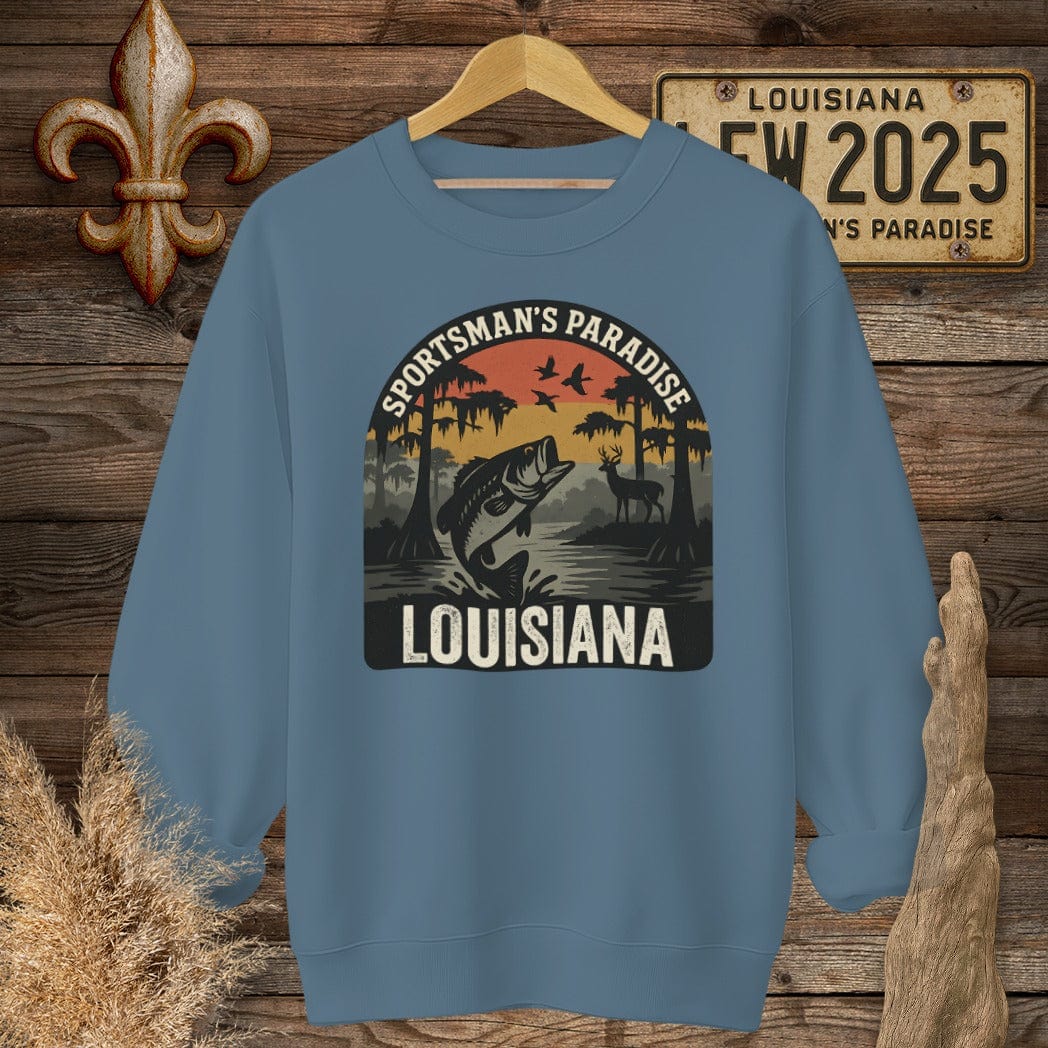 S / Indigo Blue Louisiana Sportsman Paradise Wildlife Retro Sweatshirt by Laissez Faire Wear