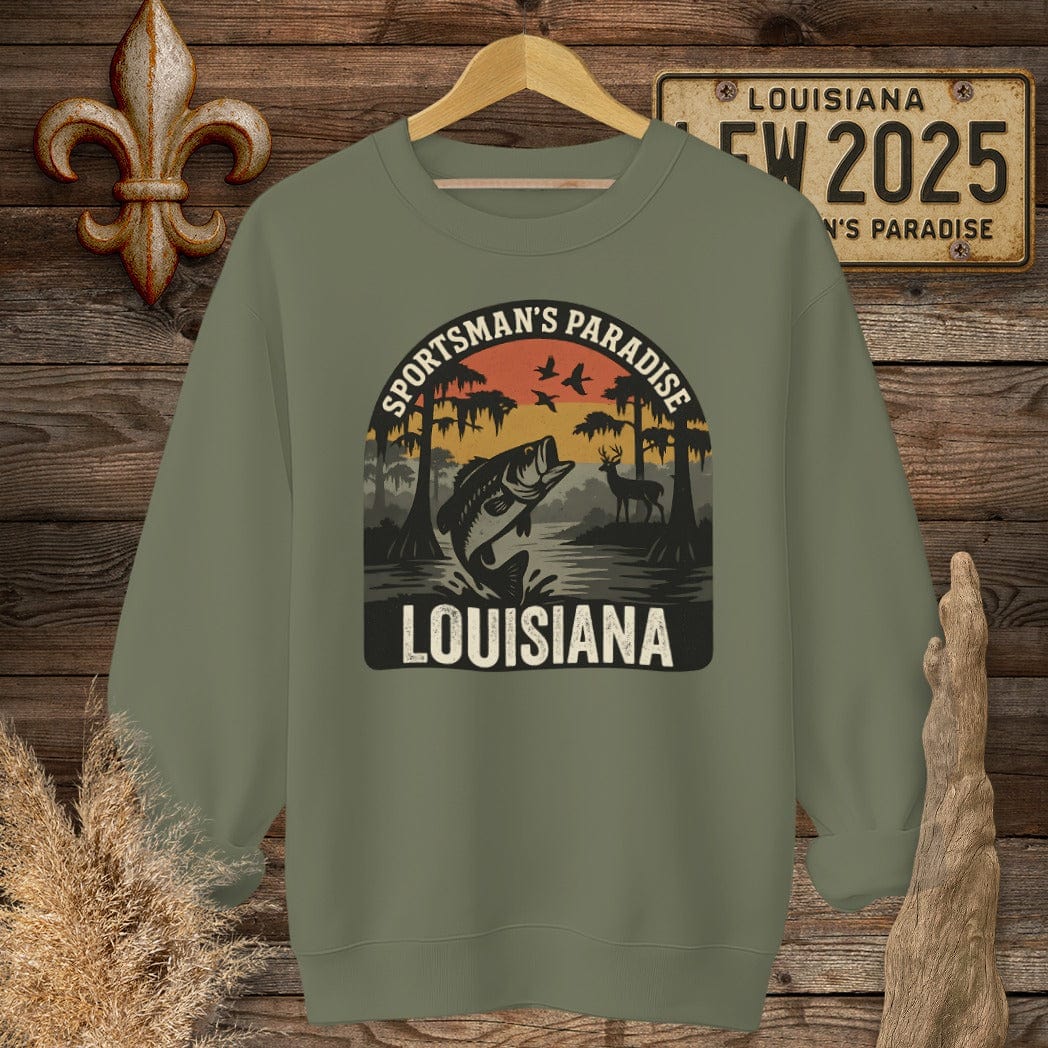 S / Military Green Louisiana Sportsman Paradise Wildlife Retro Sweatshirt by Laissez Faire Wear