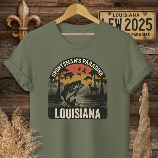 S / Military Green Louisiana Sportsman Paradise Wildlife Retro T-Shirt by Laissez Faire Wear