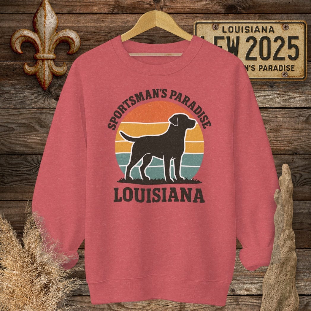 S / Heather Scarlet Red Louisiana Sportsman's Paradise Retro (Labrador) Sweatshirt by Laissez Faire Wear