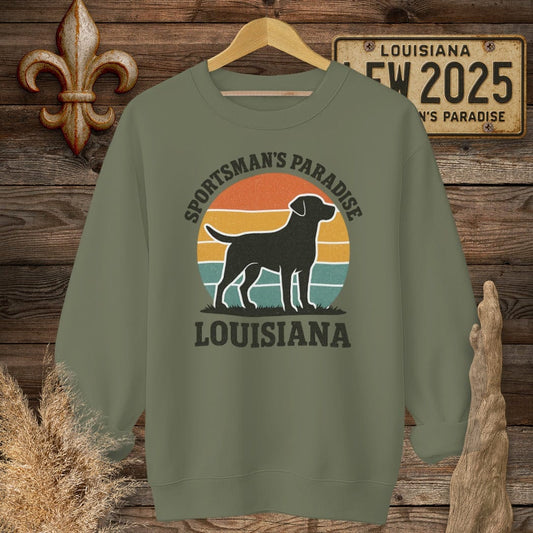 S / Military Green Louisiana Sportsman's Paradise Retro (Labrador) Sweatshirt by Laissez Faire Wear