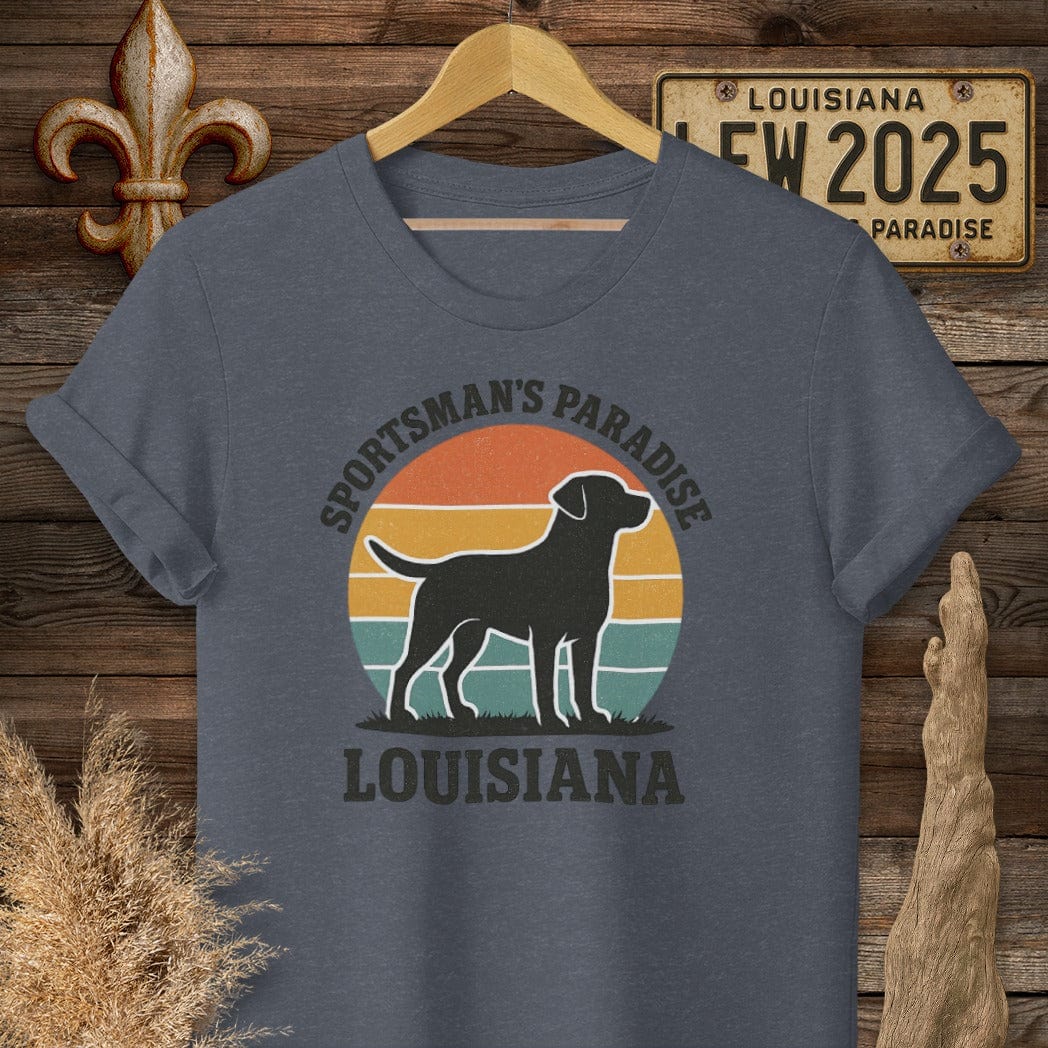 S / Heather Navy Louisiana Sportsman's Paradise Retro (Labrador) T-Shirt by Laissez Faire Wear