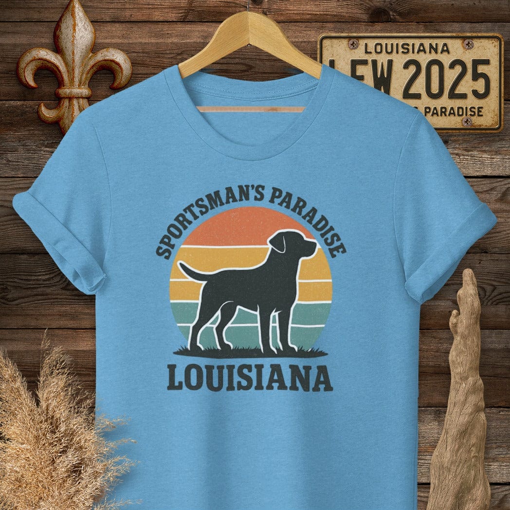 S / Heather Sapphire Louisiana Sportsman's Paradise Retro (Labrador) T-Shirt by Laissez Faire Wear
