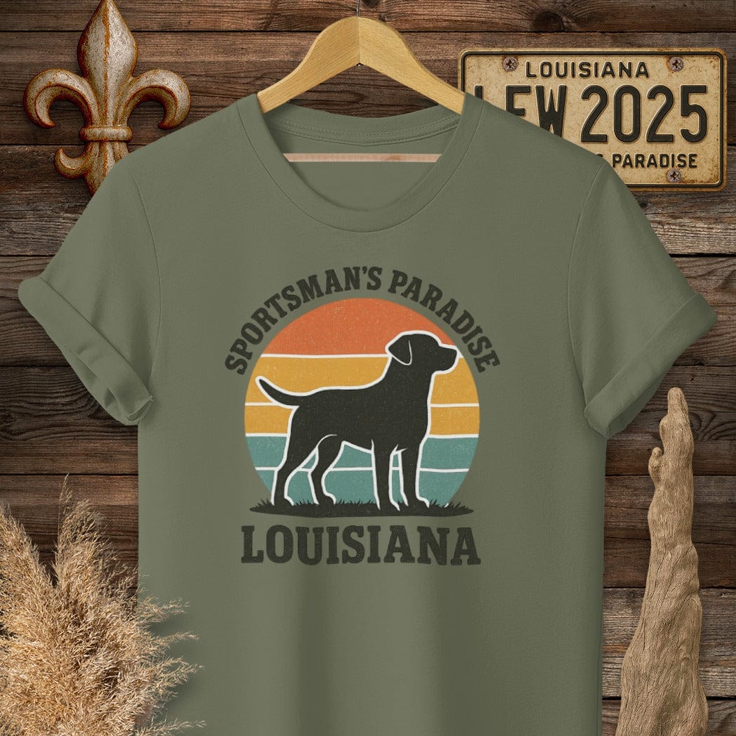 S / Military Green Louisiana Sportsman's Paradise Retro (Labrador) T-Shirt by Laissez Faire Wear