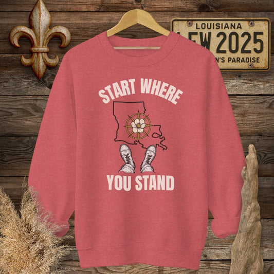 S / Heather Scarlet Red Louisiana Start Where You Stand Sweatshirt by Laissez Faire Wear