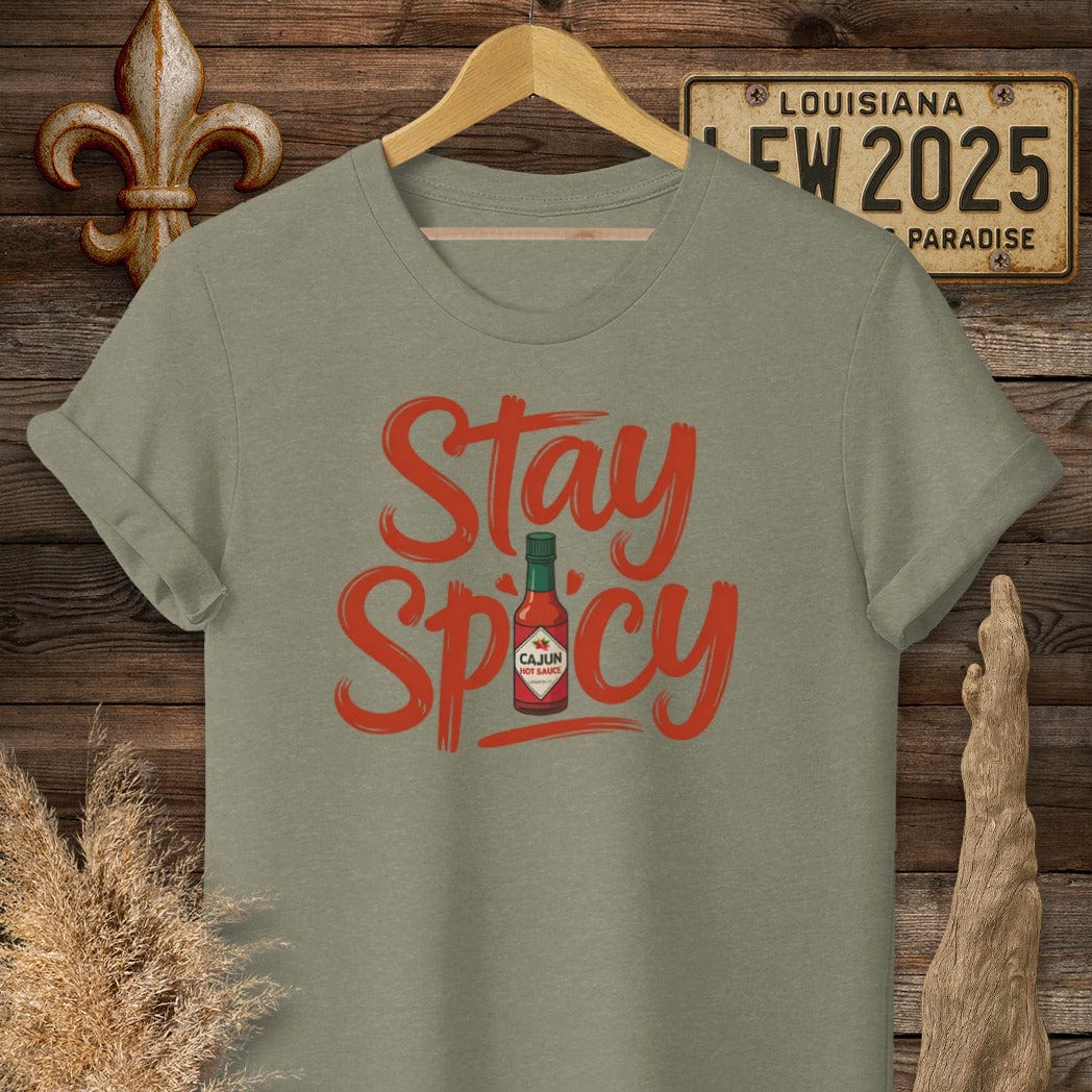 S / Heather Military Green Louisiana Stay Spicy T-Shirt by Laissez Faire Wear