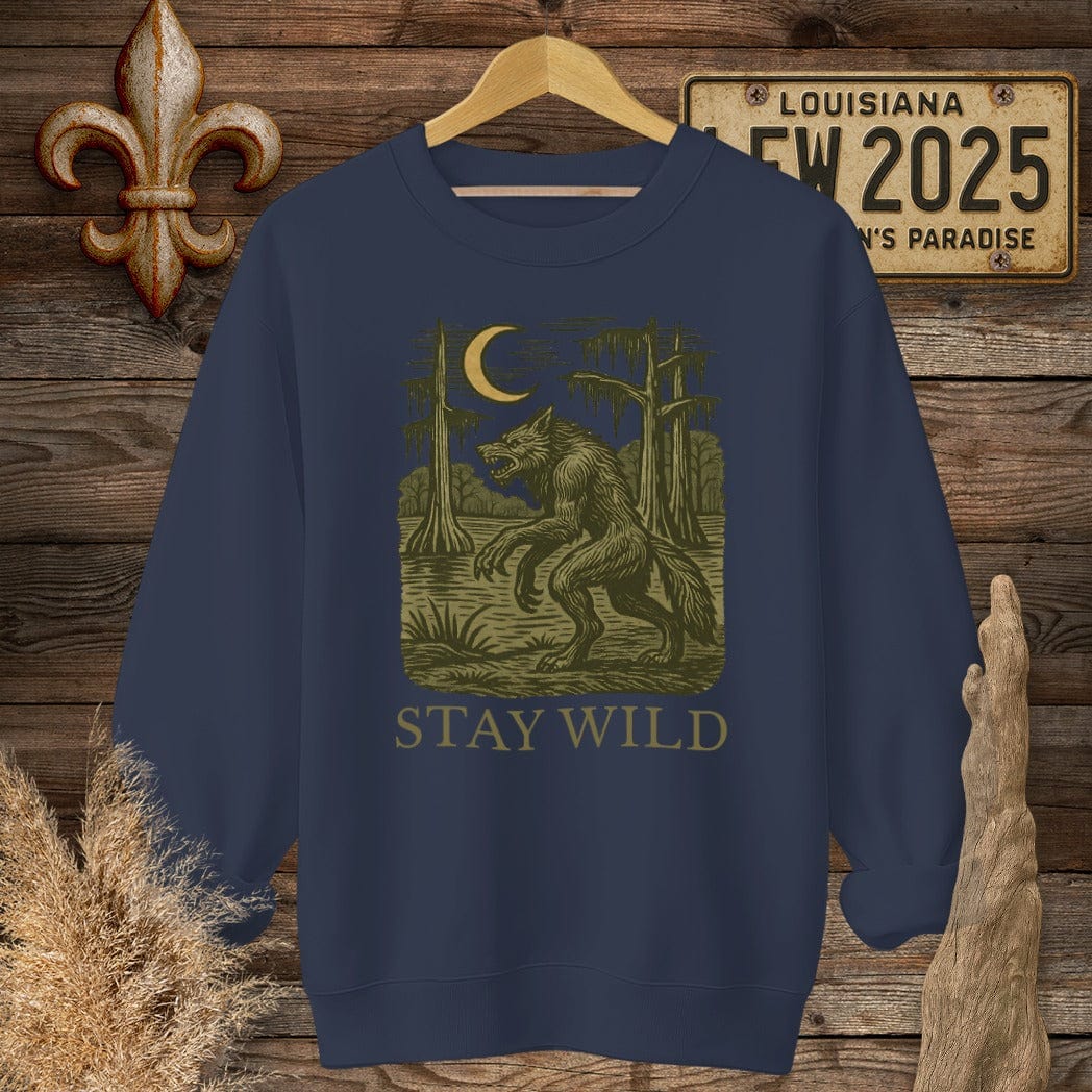 S / Navy Louisiana Stay Wild Rougarou Sweatshirt by Laissez Faire Wear