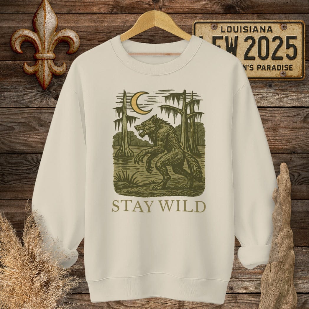 S / Sand Louisiana Stay Wild Rougarou Sweatshirt by Laissez Faire Wear