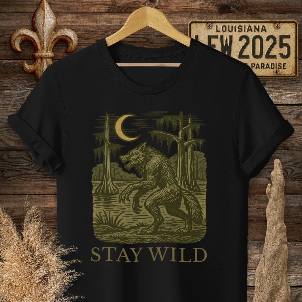 S / Black Louisiana Stay Wild Rougarou T-Shirt by Laissez Faire Wear