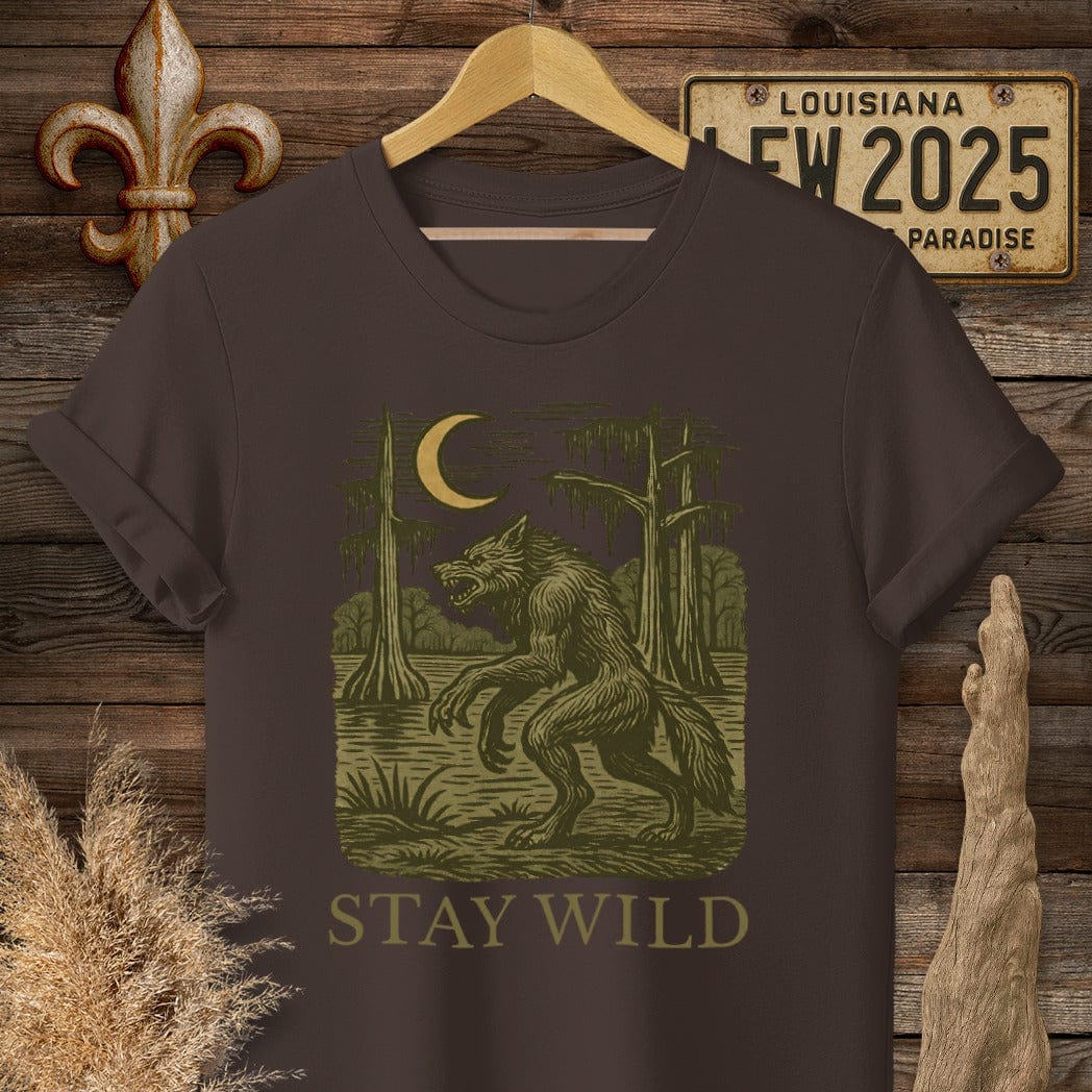 S / Dark Chocolate Louisiana Stay Wild Rougarou T-Shirt by Laissez Faire Wear