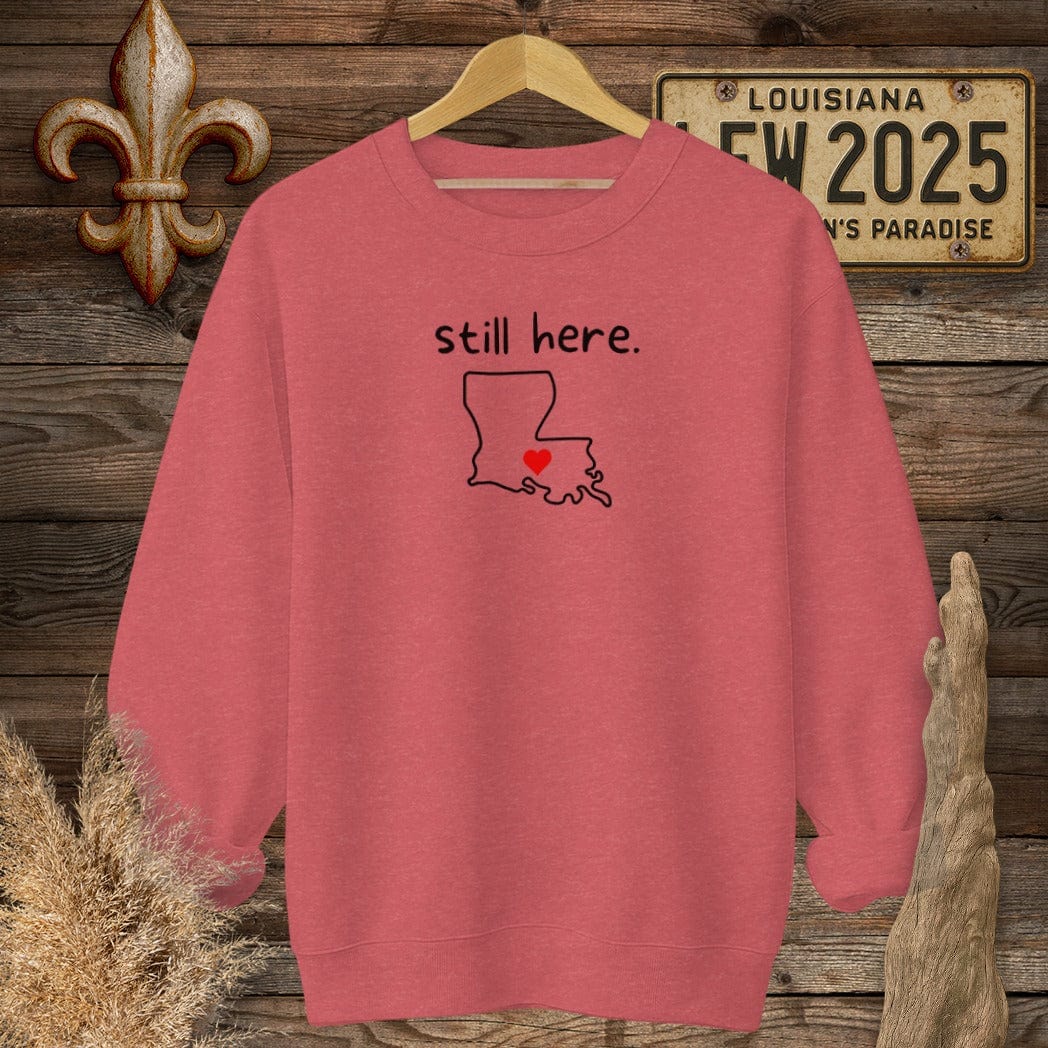 S / Heather Scarlet Red Louisiana Still Here Louisiana State Sweatshirt by Laissez Faire Wear
