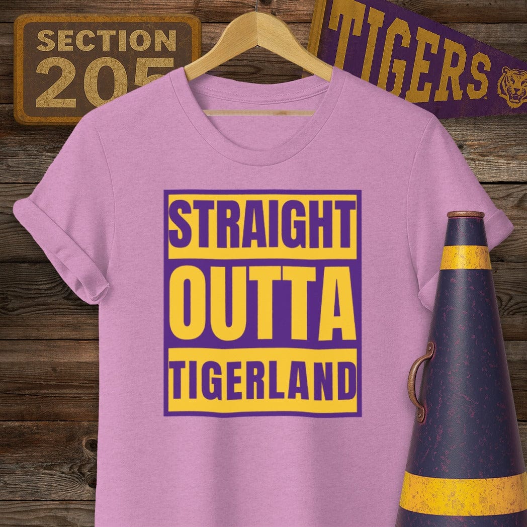 S / Heather Radiant Orchid Louisiana Straight Outta Tigerland Game Day T-Shirt by Laissez Faire Wear