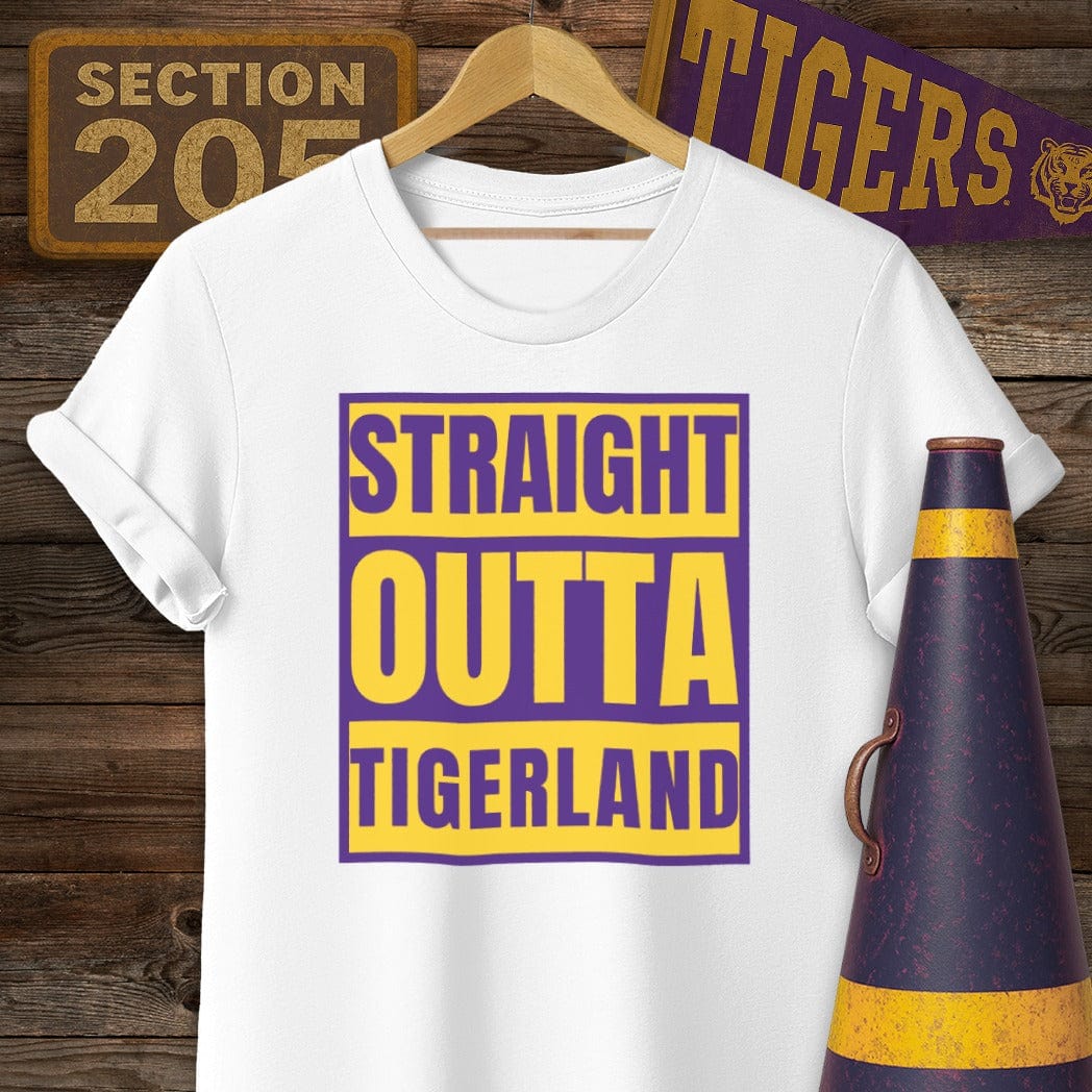 S / White Louisiana Straight Outta Tigerland Game Day T-Shirt by Laissez Faire Wear