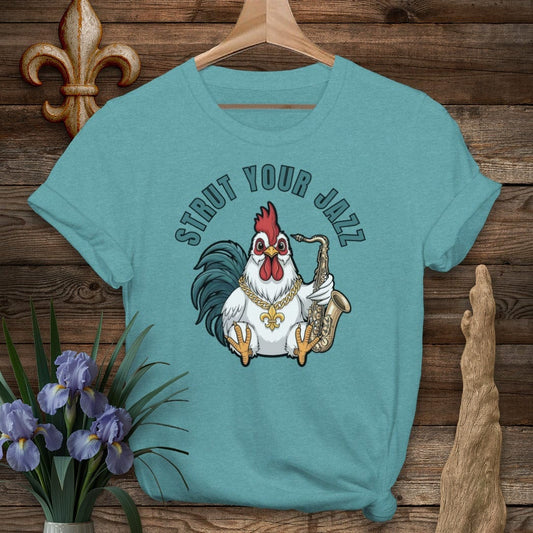 S / Heather Galapagos Blue Louisiana Strut Your Jazz Farm T-Shirt by Laissez Faire Wear