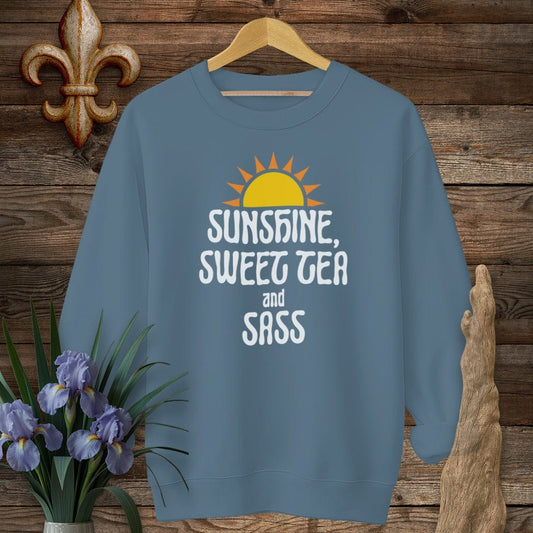 S / Indigo Blue Louisiana Sunshine, Sweet Tea and Sass Sweatshirt by Laissez Faire Wear