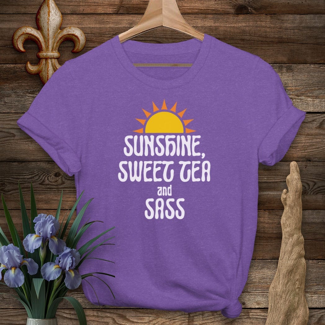 S / Heather Purple Louisiana Sunshine, Sweet Tea and Sass T-Shirt by Laissez Faire Wear