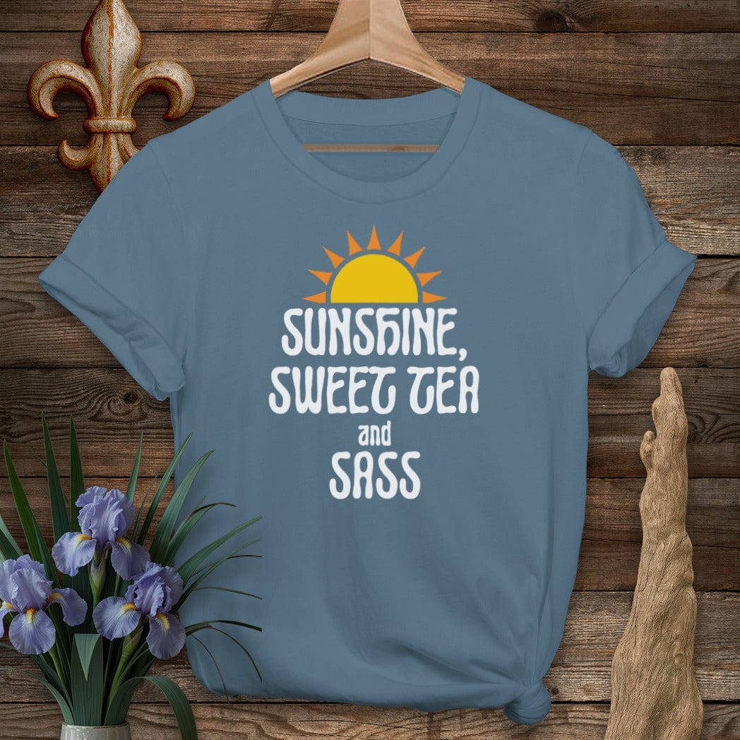 S / Indigo Blue Louisiana Sunshine, Sweet Tea and Sass T-Shirt by Laissez Faire Wear