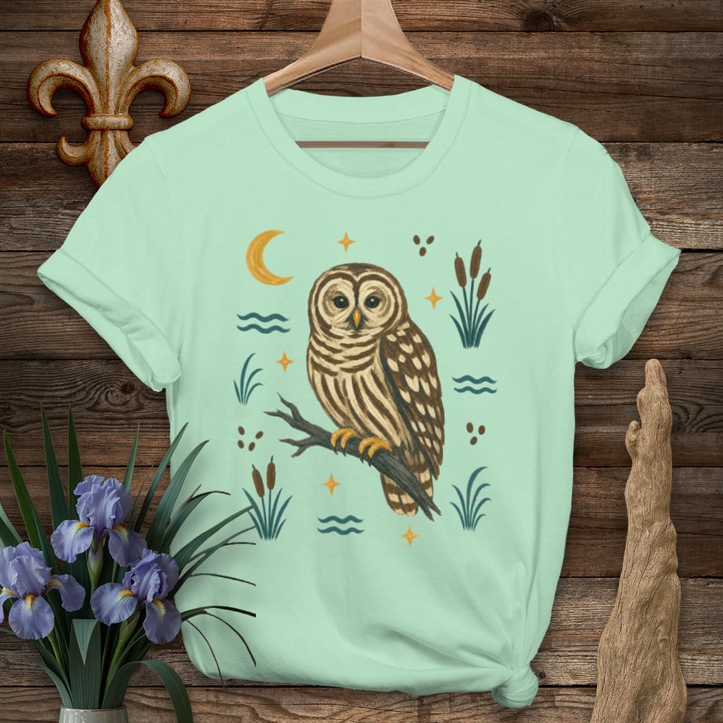 S / Mint Green Louisiana Swamp Barred Owl T-Shirt by Laissez Faire Wear