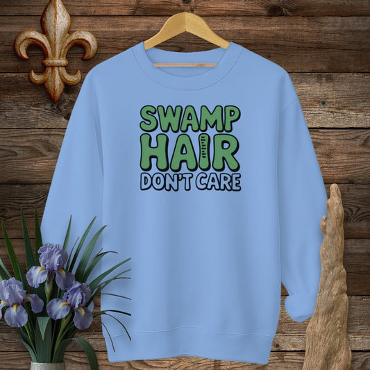 S / Carolina Blue Louisiana Swamp Hair Don't Care Sweatshirt by Laissez Faire Wear