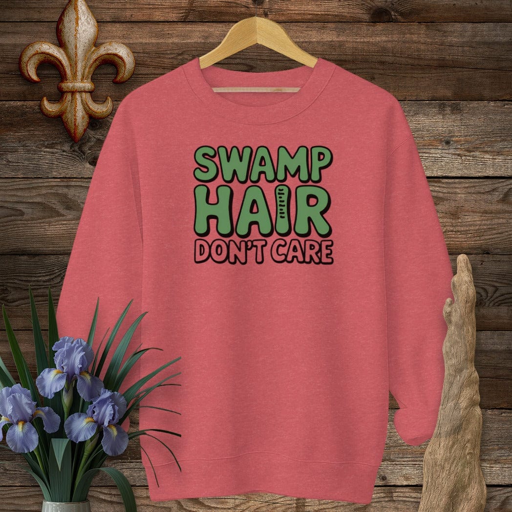 S / Heather Scarlet Red Louisiana Swamp Hair Don't Care Sweatshirt by Laissez Faire Wear