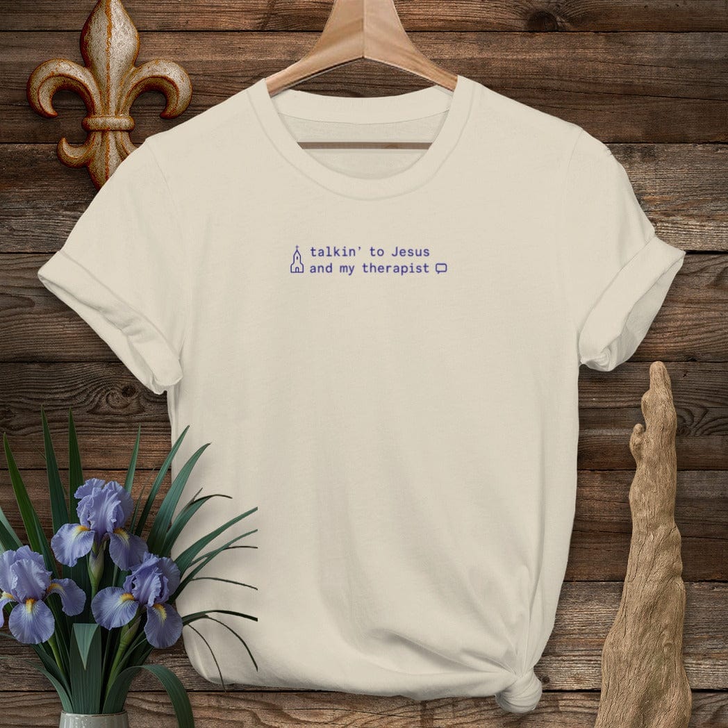 S / Sand Louisiana Talkin' to Jesus and My Therapist T-Shirt by Laissez Faire Wear