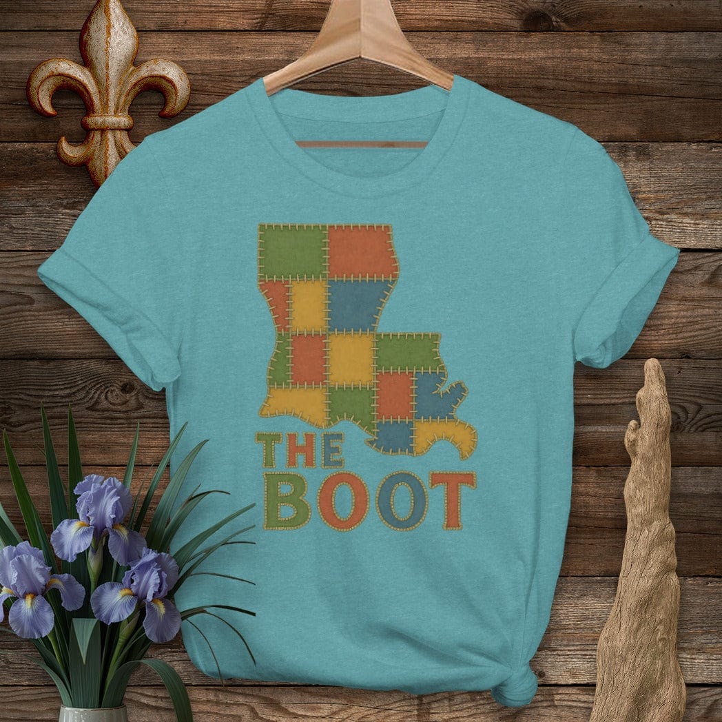 S / Heather Galapagos Blue Louisiana The Boot Patchwork T-Shirt by Laissez Faire Wear