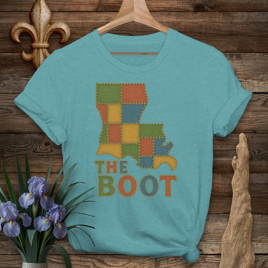 S / Heather Galapagos Blue Louisiana The Boot Patchwork T-Shirt by Laissez Faire Wear