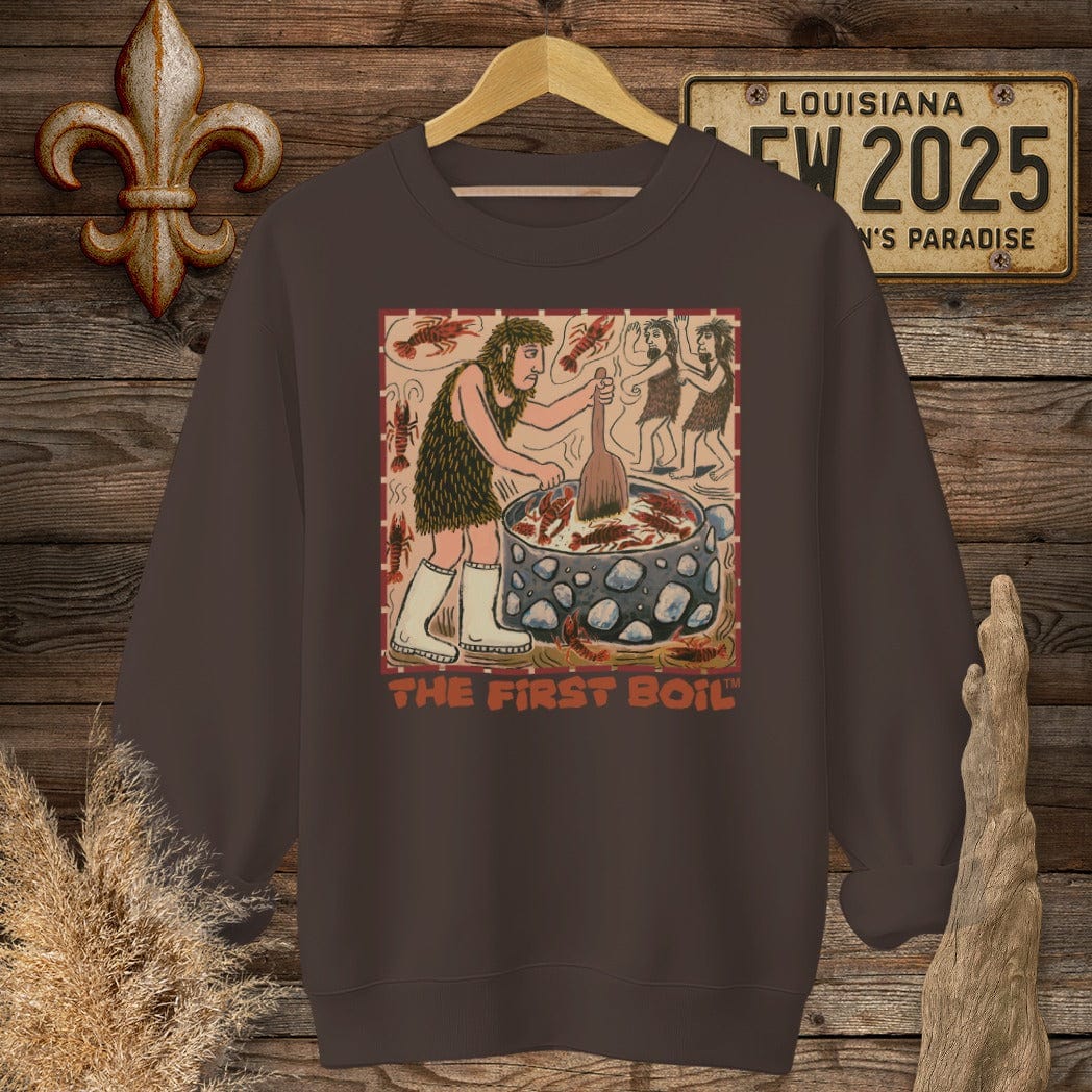 S / Dark Chocolate Louisiana The First Boil Funny Sweatshirt by Laissez Faire Wear