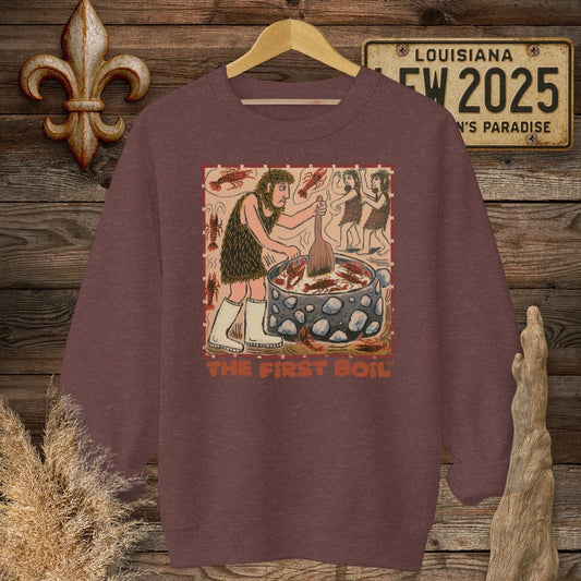 S / Heather Sport Dark Maroon Louisiana The First Boil Funny Sweatshirt by Laissez Faire Wear