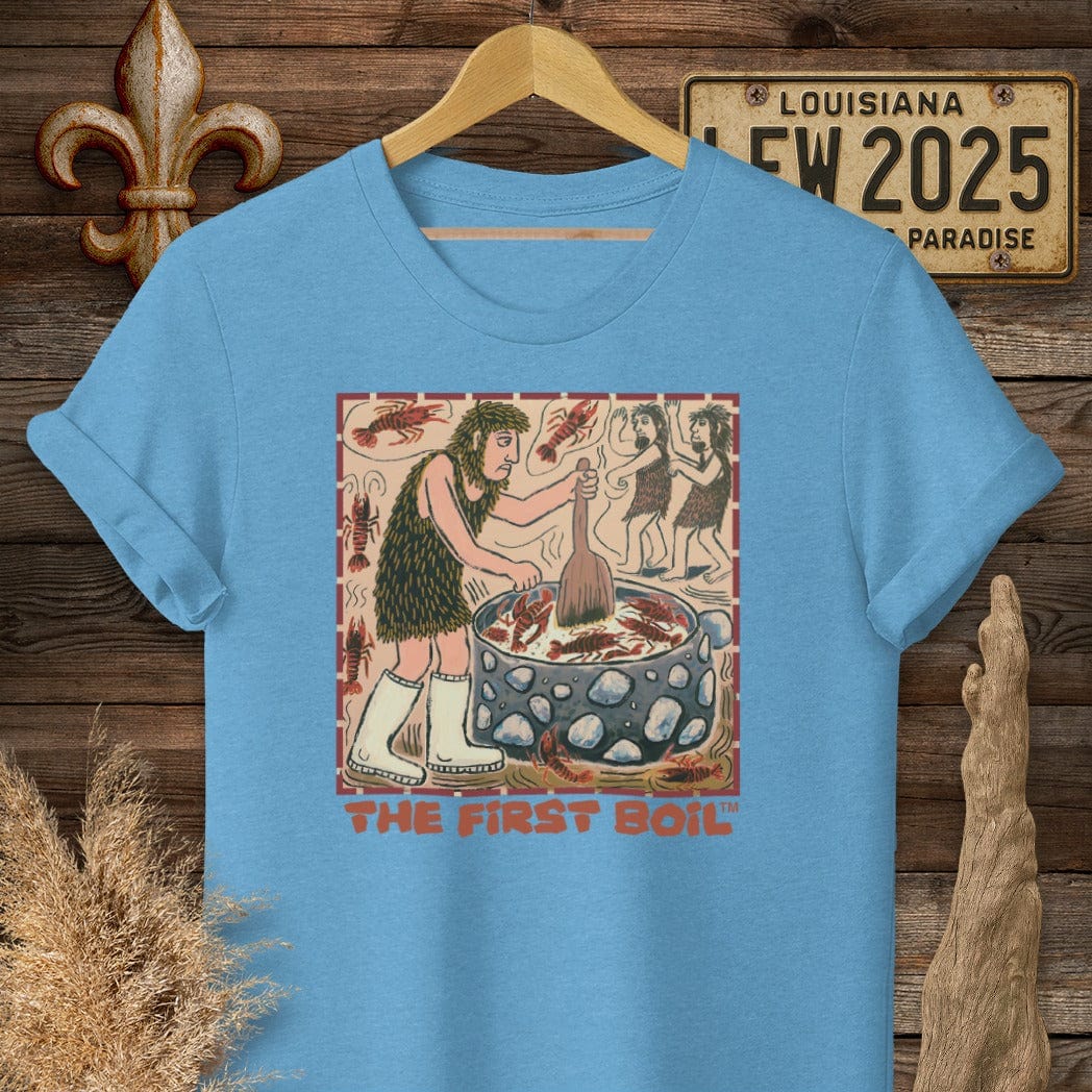 S / Heather Sapphire Louisiana The First Boil Funny T-Shirt by Laissez Faire Wear