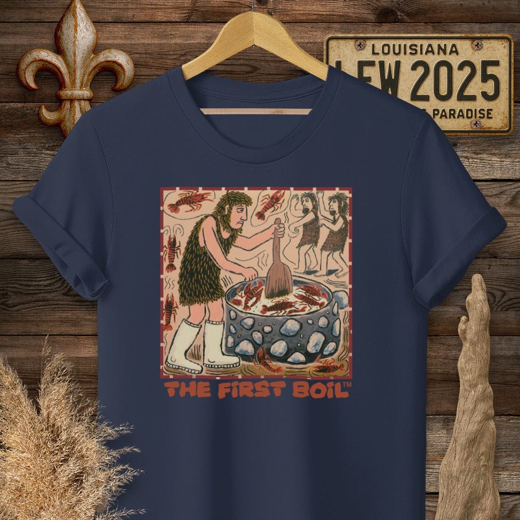 S / Navy Louisiana The First Boil Funny T-Shirt by Laissez Faire Wear