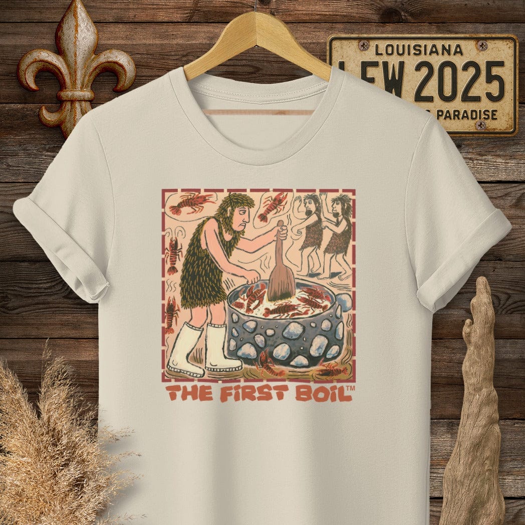 S / Sand Louisiana The First Boil Funny T-Shirt by Laissez Faire Wear