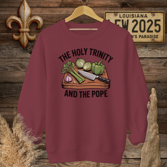 S / Garnet Louisiana The Holy Trinity and the Pope Louisiana Cooking Sweatshirt by Laissez Faire Wear