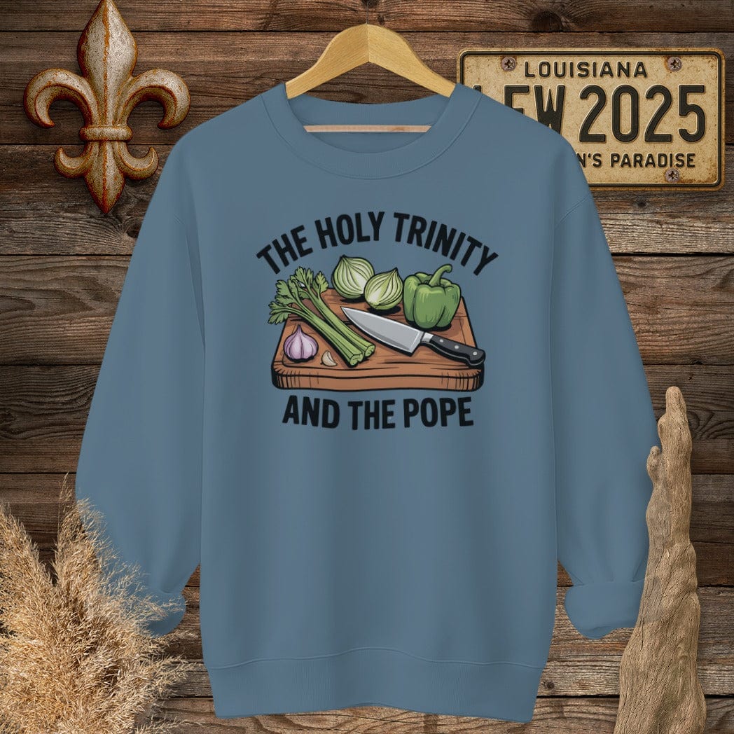S / Indigo Blue Louisiana The Holy Trinity and the Pope Louisiana Cooking Sweatshirt by Laissez Faire Wear