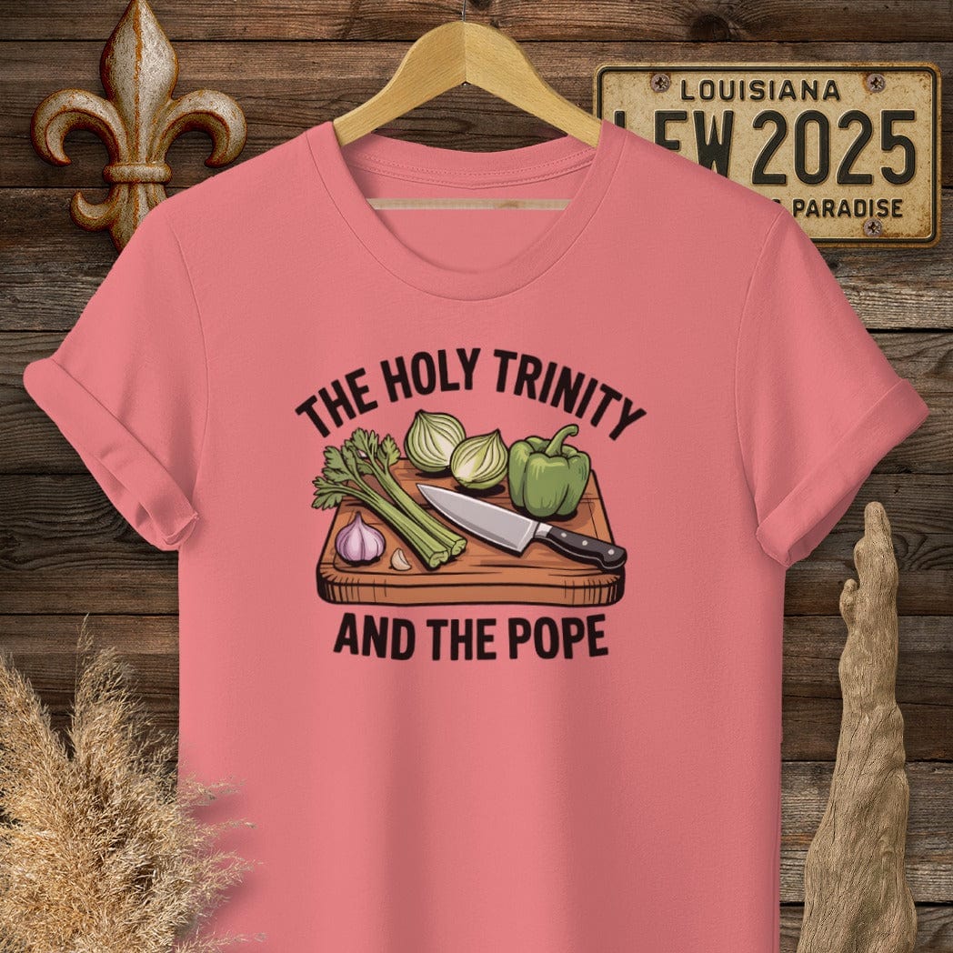 S / Coral Silk Louisiana The Holy Trinity and the Pope Louisiana Cooking T-Shirt by Laissez Faire Wear