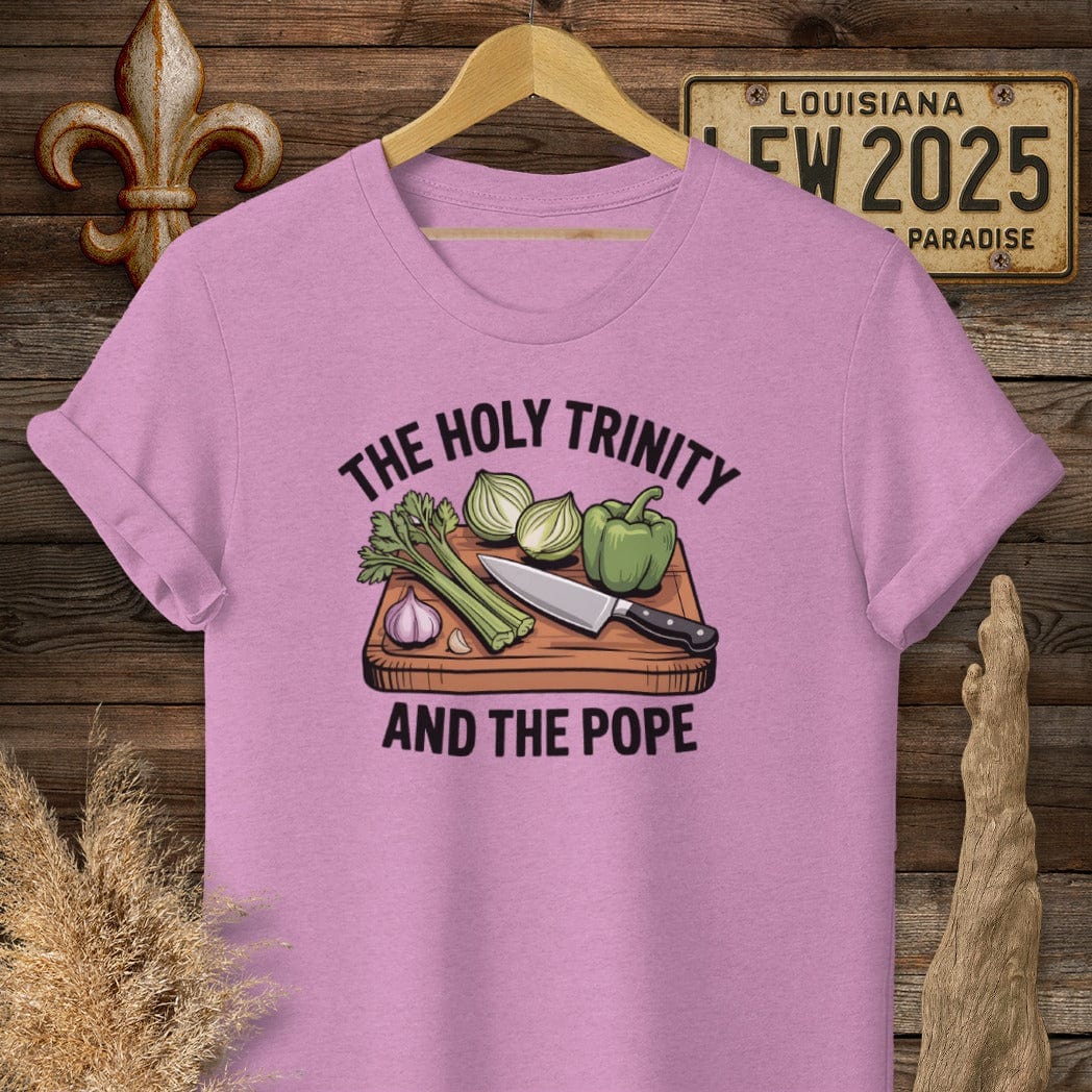 S / Heather Radiant Orchid Louisiana The Holy Trinity and the Pope Louisiana Cooking T-Shirt by Laissez Faire Wear