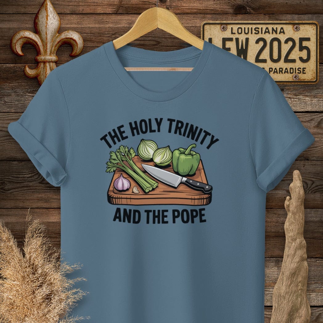 S / Indigo Blue Louisiana The Holy Trinity and the Pope Louisiana Cooking T-Shirt by Laissez Faire Wear