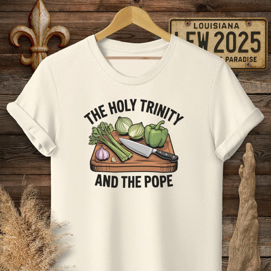 S / Natural Louisiana The Holy Trinity and the Pope Louisiana Cooking T-Shirt by Laissez Faire Wear