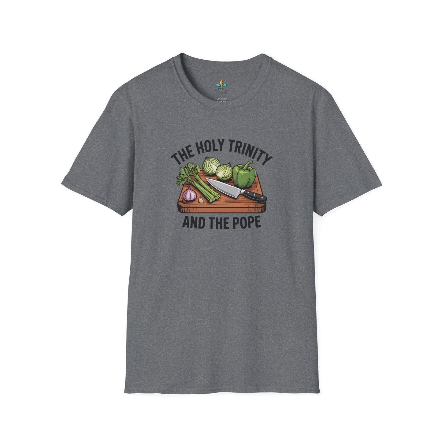 Graphite Heather / S Louisiana "The Holy Trinity & The Pope" Cajun Cooking T-Shirt by Laissez Faire Wear