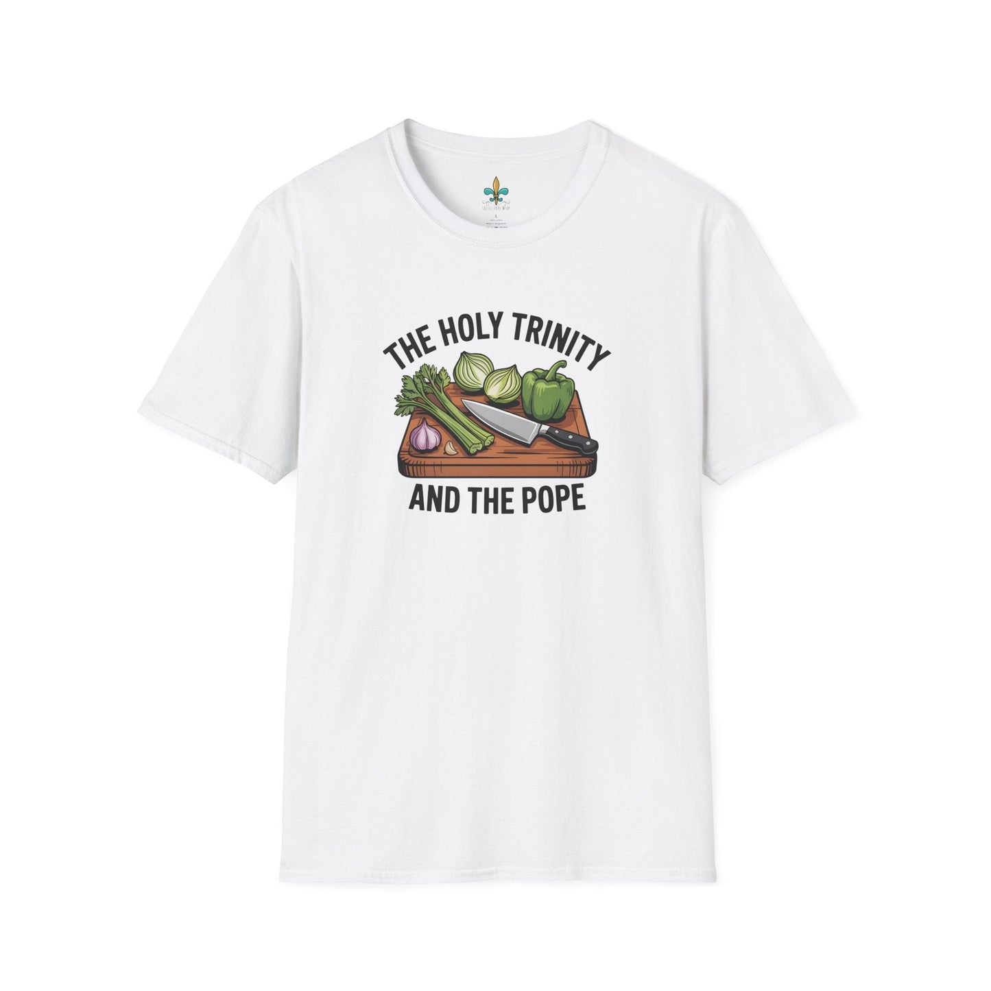 White / S Louisiana "The Holy Trinity & The Pope" Cajun Cooking T-Shirt by Laissez Faire Wear