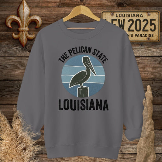 S / Charcoal Louisiana The Pelican State Retro Sweatshirt by Laissez Faire Wear