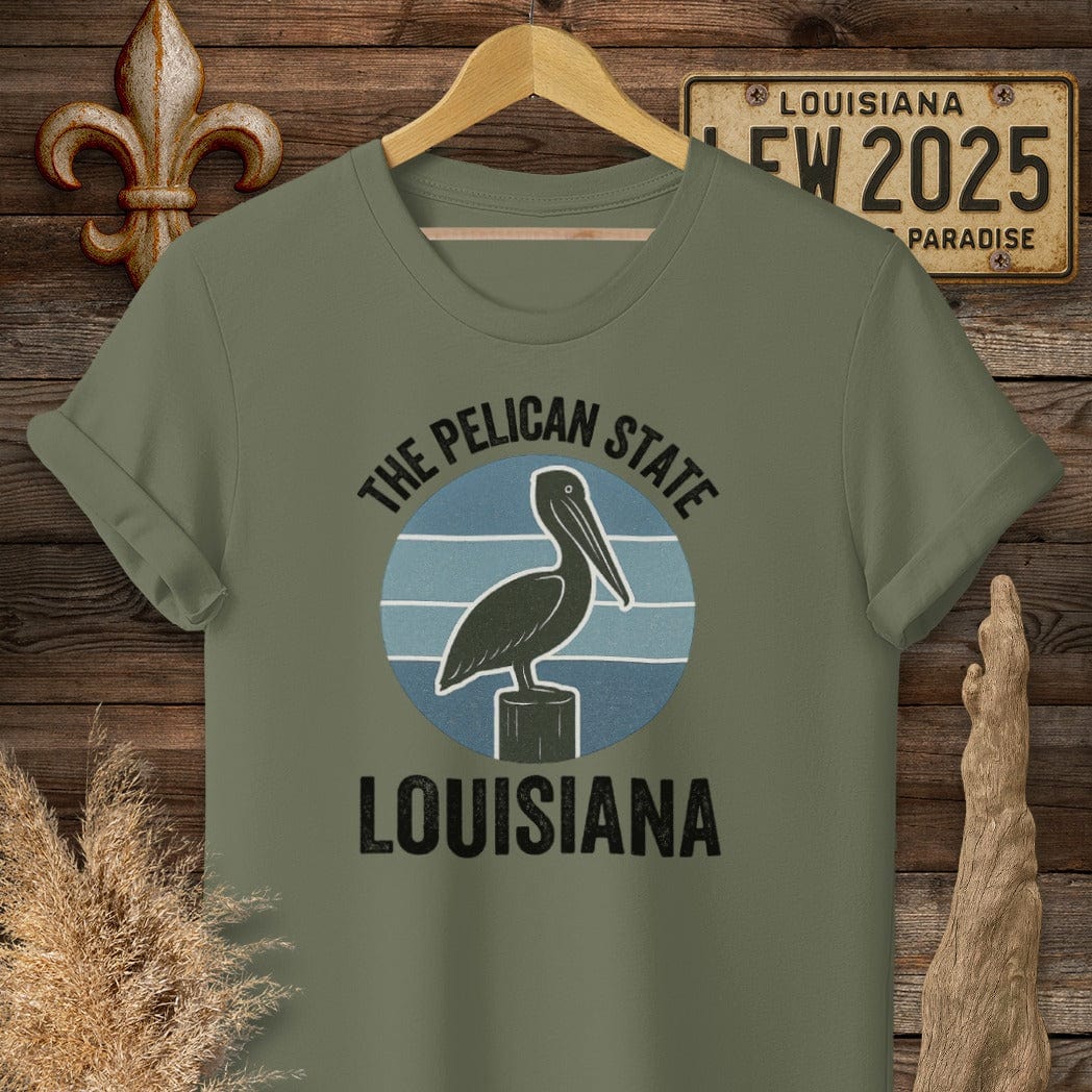 S / Military Green Louisiana The Pelican State Retro T-Shirt by Laissez Faire Wear