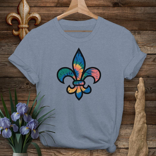 S / Heather Indigo Louisiana Tie-Dye Fleur de Lis T-Shirt by Laissez Faire Wear