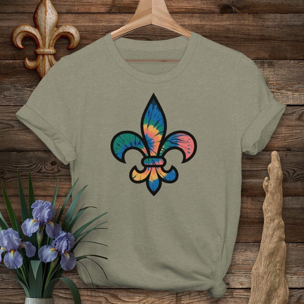 S / Heather Military Green Louisiana Tie-Dye Fleur de Lis T-Shirt by Laissez Faire Wear