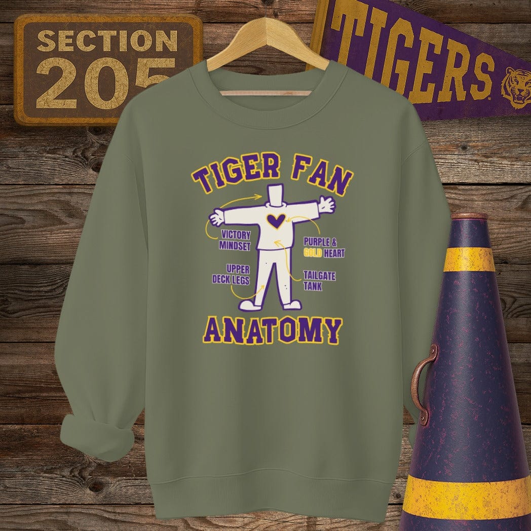 S / Military Green Louisiana Tiger Fan Anatomy Game Day Sweatshirt by Laissez Faire Wear