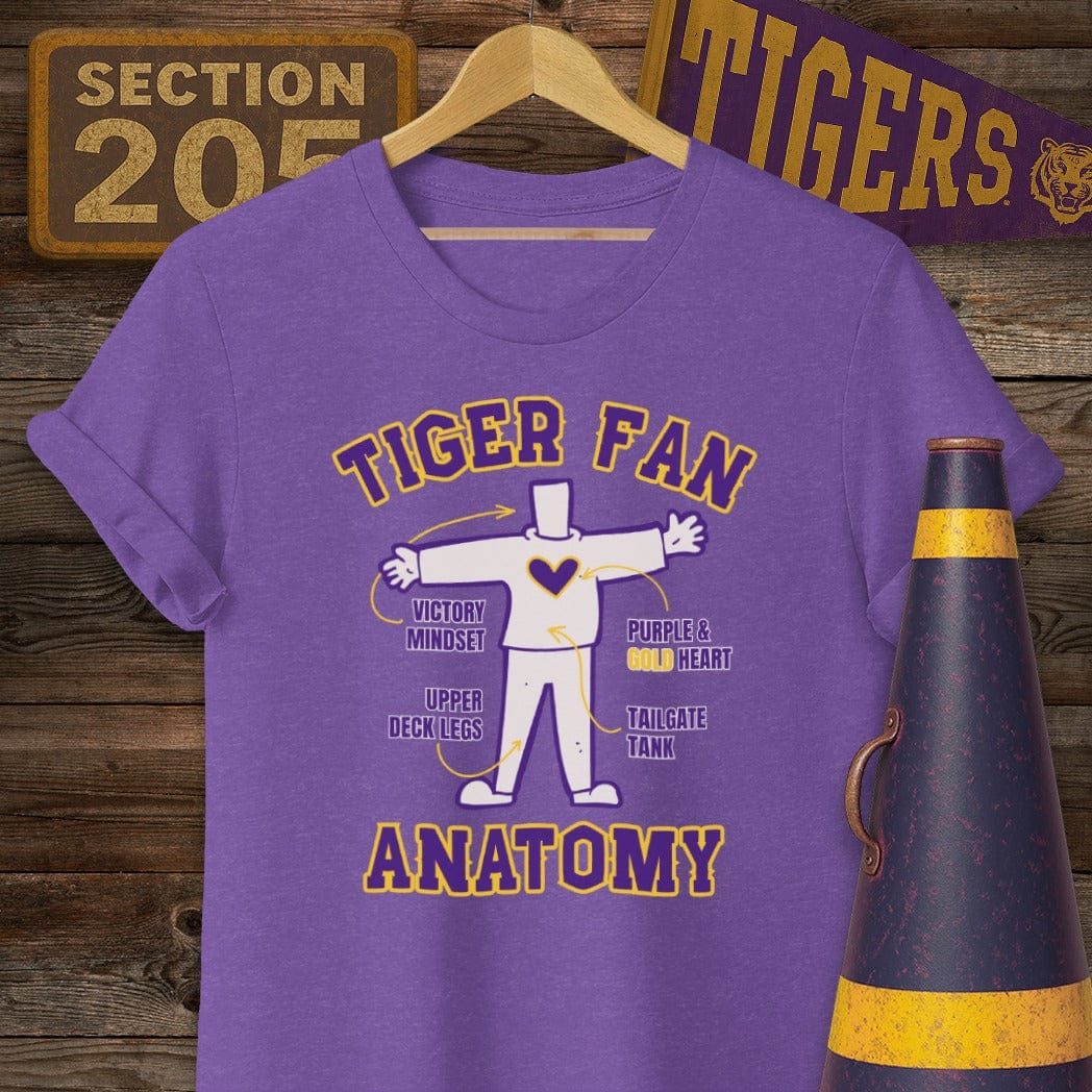 S / Heather Purple Louisiana Tiger Fan Anatomy Game Day T-Shirt by Laissez Faire Wear