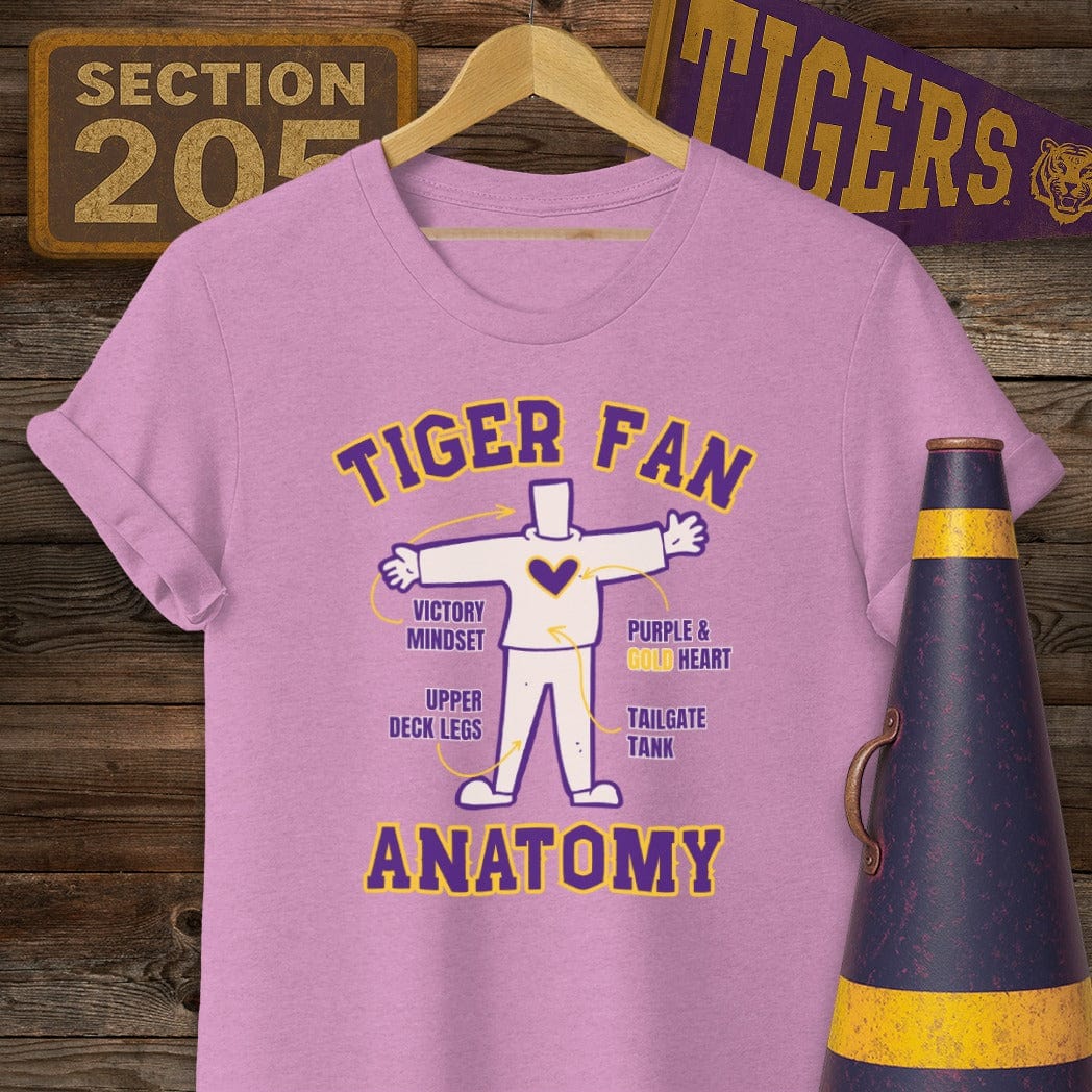 S / Heather Radiant Orchid Louisiana Tiger Fan Anatomy Game Day T-Shirt by Laissez Faire Wear
