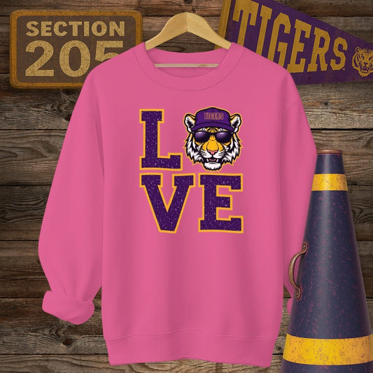 S / Heliconia Louisiana Tiger LOVE Game Day Sweatshirt by Laissez Faire Wear