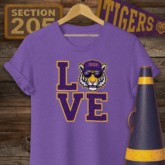 S / Heather Purple Louisiana Tiger LOVE Game Day T-Shirt by Laissez Faire Wear