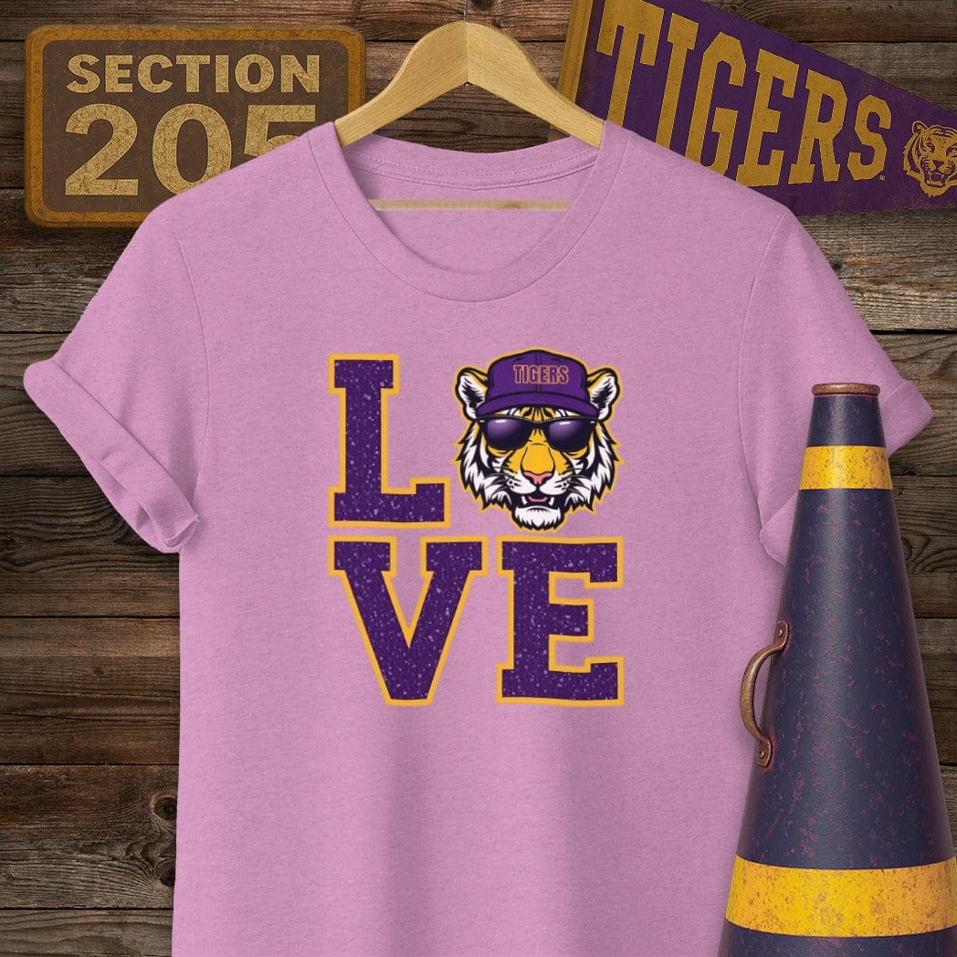 S / Heather Radiant Orchid Louisiana Tiger LOVE Game Day T-Shirt by Laissez Faire Wear